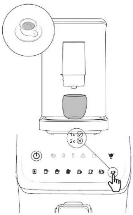 Line drawing of a coffee maker with control buttons and a coffee cup, showing a 2x x 1x ratio adjustment.