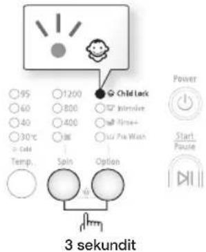 95 60 40 30°C Cold Temp. 1200 800 400 30°C Spin Option Child Lock Intensive Take- Pre Wash Power Start Pause 3 sekundit