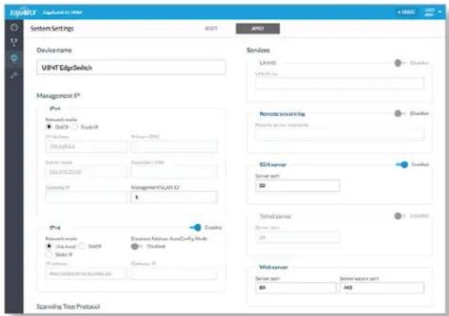 System Settings Device name USB Intel Switch Management IP IPv4 Network mode ● DataIP ● AudioIP IP Subnets IP LinkID Server mode TCP/IP LinkID Directory IP Management&LAN ID 5 IPv4 Network mode ● Link load ○ DataIP ○ Under IP IP subnets Internet connection to TCP/IP External Address ActiveConfig Mode ● Connected Directory IP APRT Services Units Disashtar Remote System log Personal service information SSL server Server port 22 Tired server Server port 22 Web server Server port 89 Server capacity port 465 Spacing Tree Protocol