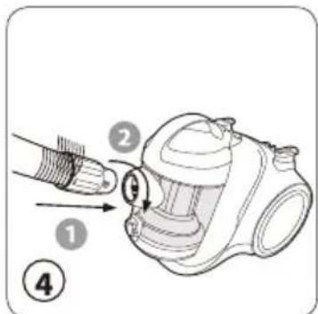 Diagram showing a device being inserted into a vacuum cleaner, labeled with steps 1, 2, and 4.