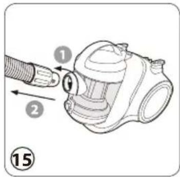 Diagram of a vacuum cleaner with labeled parts and directional arrows indicating assembly steps