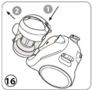Diagram of a camera with numbered parts and directional arrows indicating assembly or positioning