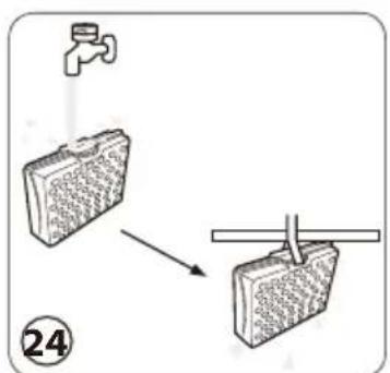 Diagram showing a faucet and a container being inserted into a tube, with a numbered label '24' indicating step 24.