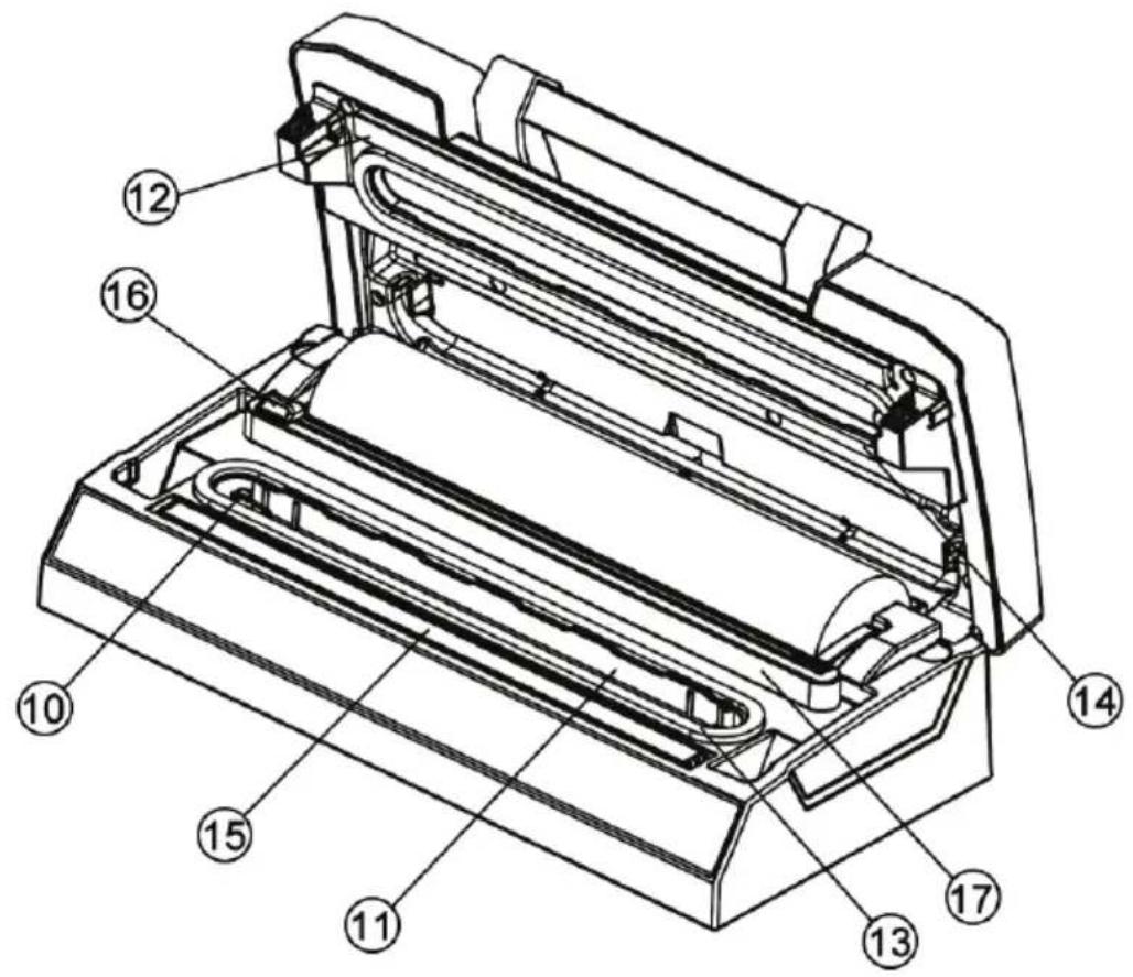 Technical diagram of a mechanical device with numbered components for identification