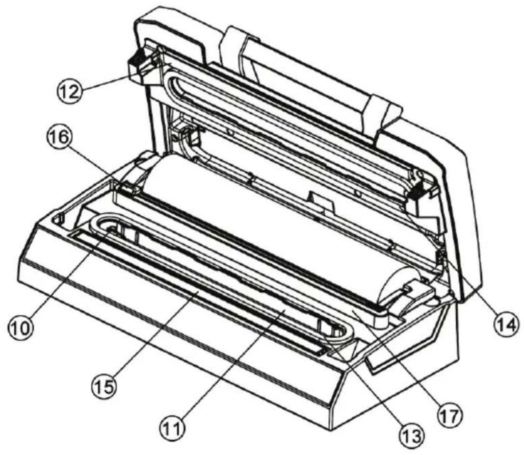 Technical diagram of a mechanical device with numbered components for identification