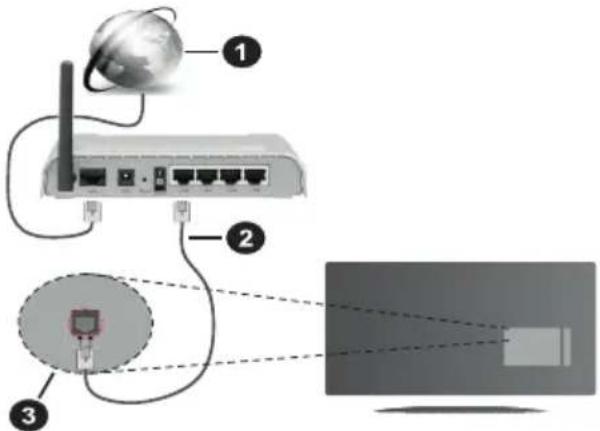 Diagram showing network connection setup with labeled components: global connectivity, router, and monitor screen