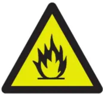 Warning sign depicting a flame symbol in yellow and black on a white background
