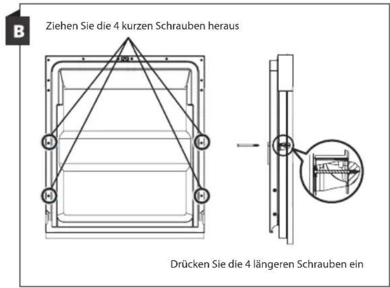 Ziehen Sie die 4 kurzen Schrauben heraus Drücken Sie die 4 längeren Schrauben ein