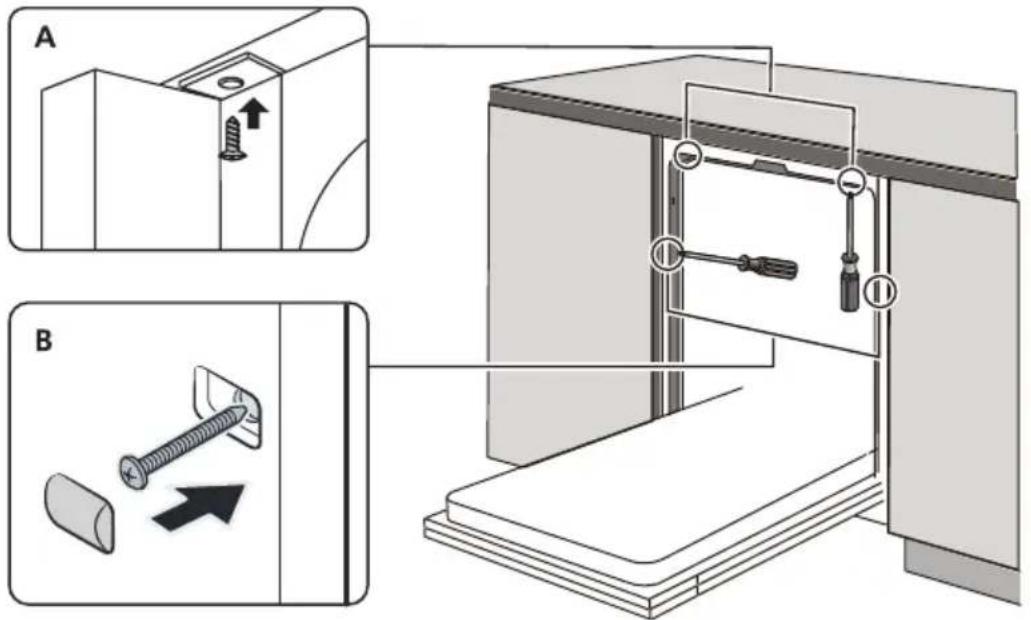 Technical diagram showing two steps of a mechanical assembly with labeled components and directional arrows indicating movement.