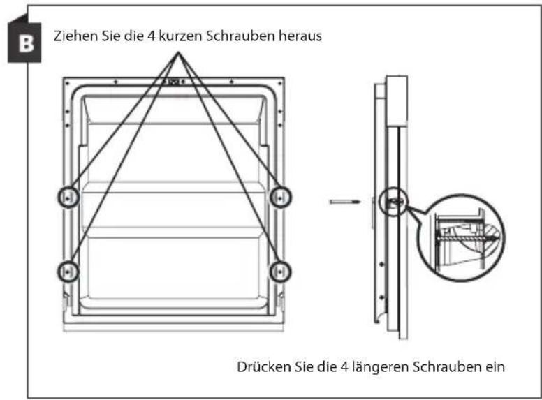 Ziehen Sie die 4 kurzen Schrauben heraus Drücken Sie die 4 längeren Schrauben ein