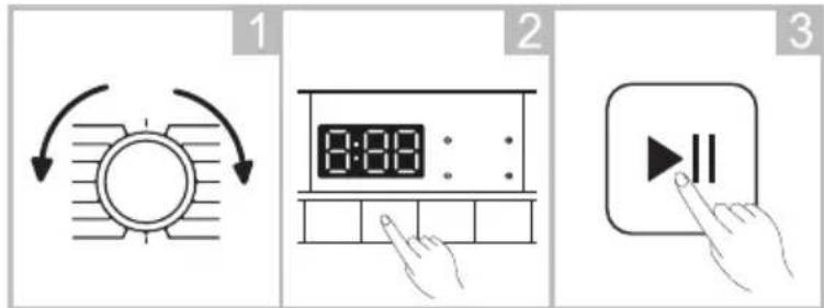 Three-step diagram showing a circular timer, a digital display with time and seconds, and a play button with double vertical indicator.