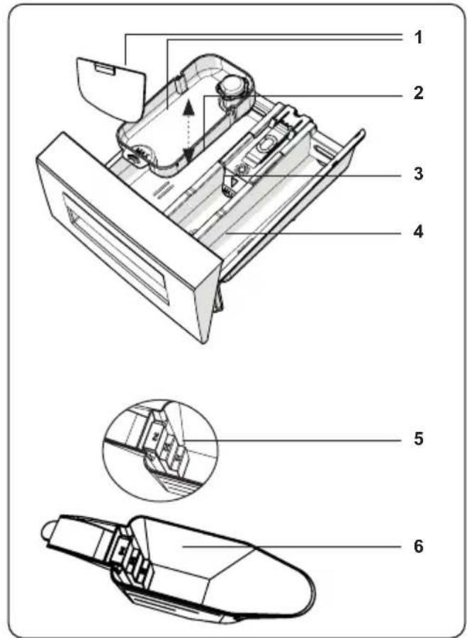 Technical diagram of a device's internal components with numbered parts and exploded views