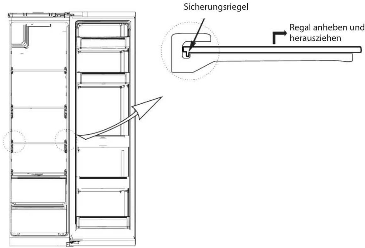 Sicherungsriegel Regal anheben und herausziehen