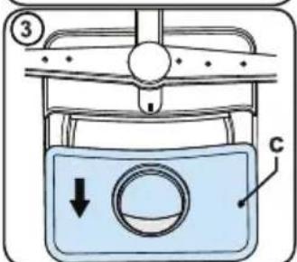 Diagram of a device with labeled parts and directional arrow, showing a container with a circular component and a label 'C' pointing to it.
