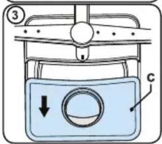 Diagram of a mechanical device with labeled parts and directional arrow, showing component C