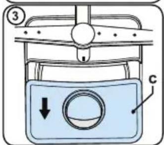 Diagram of a device with labeled parts and directional arrow, showing a container with a circular component and a handle.