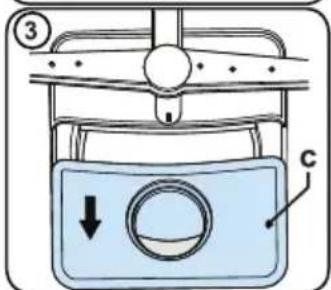 Diagram of a device with labeled components and directional arrow, showing a container with a circular dial and labeled parts C.