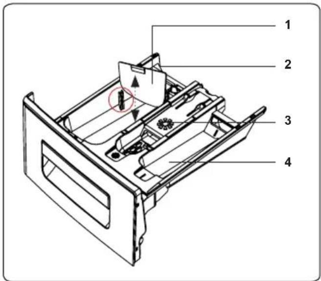 Technical diagram of a device drawer with numbered components and a highlighted section showing a circular arrow indicating motion or movement.