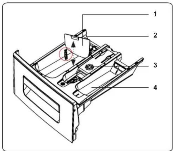 Technical diagram of a device drawer with numbered components and a highlighted section showing a circular feature.