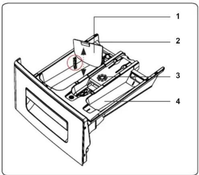 Technical diagram of a device drawer with numbered components and a highlighted circular feature