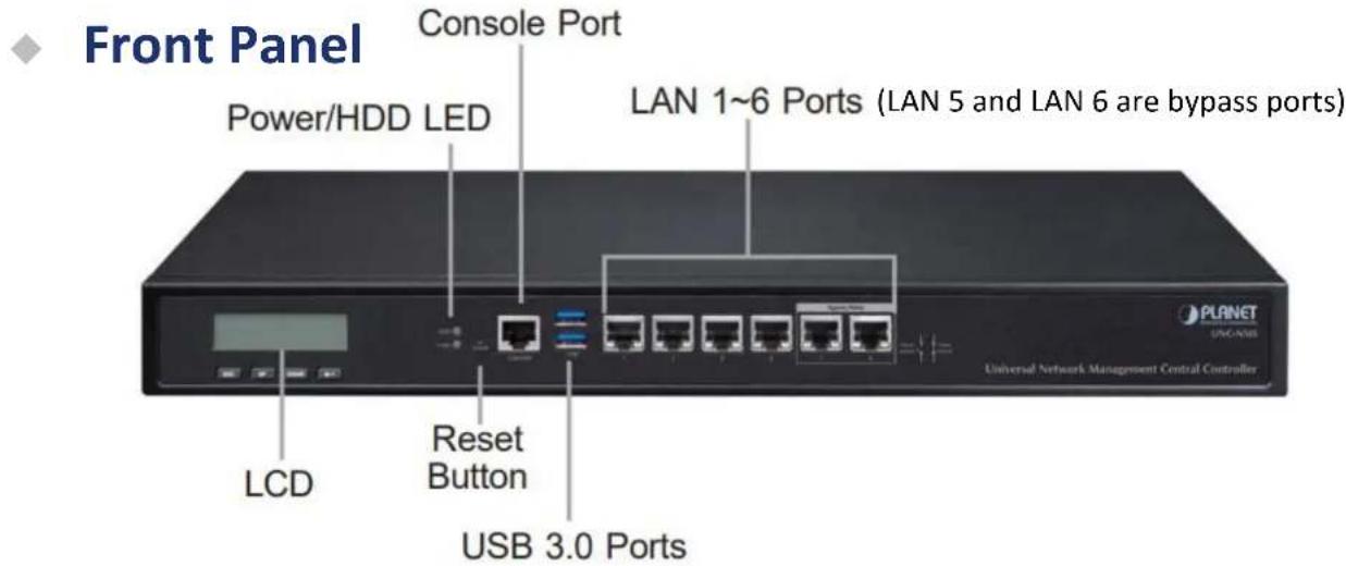 Front Panel Power/HDD LED Console Port LAN 1~6 Ports (LAN 5 and LAN 6 are bypass ports) LCD Reset Button USB 3.0 Ports PLANET UNION Universal Network Management Central Controller