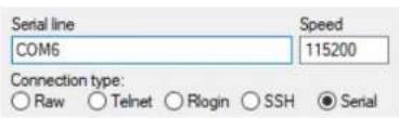 Serial line COM6 Speed 115200 Connection type: Raw Telnet Rlogin SSH Serial