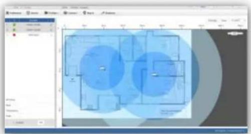 Screenshot of a software interface displaying a floor plan with blue circular annotations and tool panels.