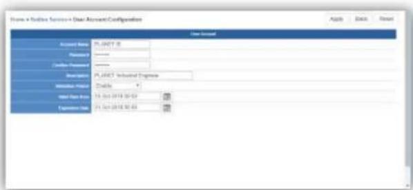 Home + Online Services + User Account Configuration User Account Account Name: PLACHT 32 Password: Custom Password: Description: PLACHT Industrial Engineering Signature Name: Disable * Email List Entry: 14.56.2019.00.03 Expression Date: 01.56.2019.00.03