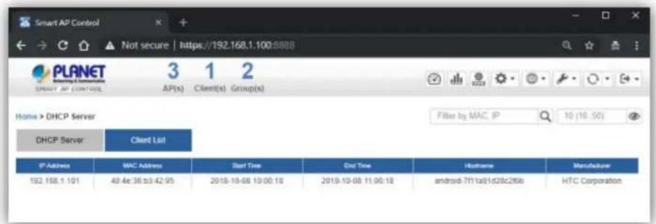 Smart AP Control Not secure | https://192.168.1.100:8888 PLANET 3 1 2 AP(s) Client(s) Group(s) Home > DHCP Server Filter by MAC, IP 10 (10:50) DHCP Server Client List IP Address MAC Address Start Time End Time Hostname Manufacture 192.168.1.101 48:4e:36:b3:42:95 2018-10-08 10:00:18 2019-10-08 11:00:18 android-7f1ta81d28c295b HTC Corporation