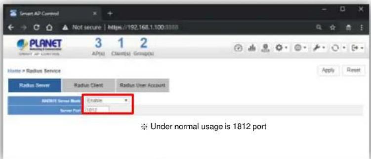 Smart AP Control Not secure | https://192.168.1.100.0000 PLANET 3 1 2 AP(s) Client(s) Group(s) Name > Radius Service Radius Server Radius Client Radius User Account SNDRT Server Base Enable Server Port 1812 Apply Reset ※ Under normal usage is 1812 port