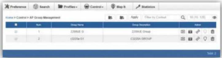 Preference Search Profiles+ Control+ Map It Statistics Home > Control > AP Group Management Apply Filter by Controll 10 (10, 128) Num Group Name Group Description Action 1 235KUE 0 235KUE Group 2 c3200e 01 c320SA GROUP Table 2