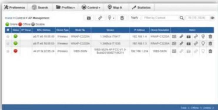 Preference Search Profiles + Control + Map It Statistics Home > Control > AP Management Apply Filter by Context 10 (34) 10 (34) Online Offshore Options Status AP Group MAC Address Connection Type Member No. Version IP Address Connection Description Editor ab/IT a6 18:05:00 Wireless WNASF-C3220A 1.3465cc170417 192.168.1.4 WNASF-C3220A ab/IT a6 16:05:03 Wireless WNASF-C3220A 1.3465cc171030 192.168.1.3 WNASF-C3220A Ab/IT b6.22.85.cB Wireless WBS-502N WBS-502N AP-FCC 4V1.0-BuHSO180827195211 192.168.1.234 WBS-502N