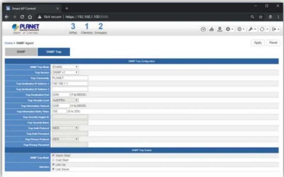 Smart AP Control Not secure | https://192.168.1.100 PLANET Smart AP CONTROL 3 1 2 API(s) Client(s) Group(s) Home > SNMP Agent SNMP SNMP Trap SNMP Trap Configuration SNMP Trap Mode Enable Trap Version SNMP v1 Trap Community PLANET Trap Destination IP Address 1 182 160 1.1 Trap Destination IP Address 2 Trap Destination Port 3200 (1 to 68535) Trap Security Level AuthPROs Trap Information Transfer 3200 (1 to 68535) Trap Information Entry Status 150 (0 to 250) Trap Security Engine ID Trap Security Name Trap Auth Preferred MOS Trap Auth Placement Trap Privacy Preferred DEB Trap Privacy Placement SNMP Trap Events SNMP Trap Mode Vains Start Interface Cold Start Link Up Link Down