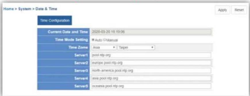 Home > System > Date & Time Time Configuration Current Date and Time 2020-03-20 18:19:06 Time Mode Setting *Auto ©Manual Time Zone Asia Taipei Server1 pool.rtp.org Server2 europe pool.rtp.org Server3 north-america pool.rtp.org Server4 asia pool.rtp.org Server5 oceania pool.rtp.org Apply Reset