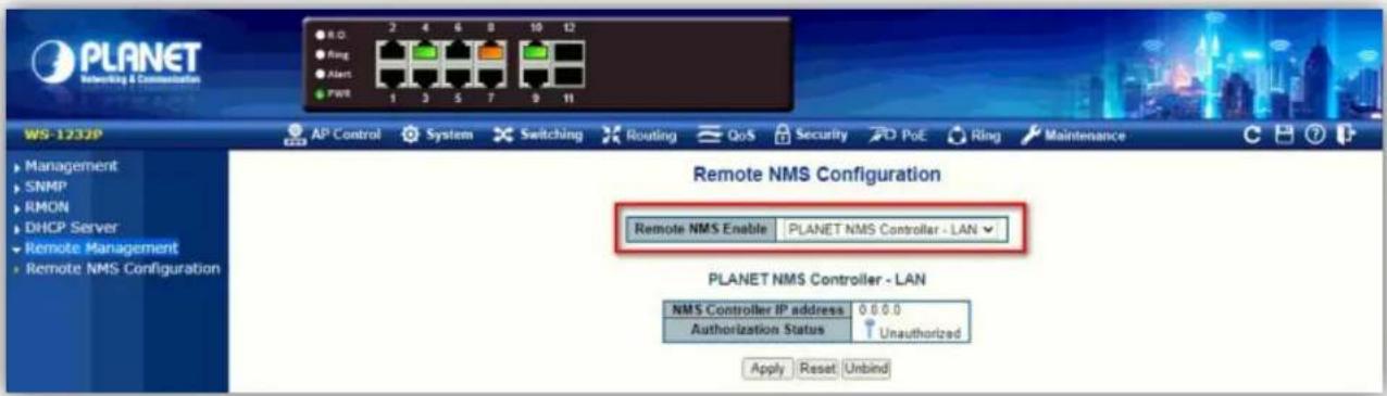 PLANET Networking & Communication WS-1232P AP Control System Switching Routing QoS Security PoE Ring Maintenance Remote NMS Configuration Remote NMS Enable PLANET NMS Controller - LAN PLANET NMS Controller - LAN NMS Controller IP address 0.0.0.0 Authorization Status Unauthorized Apply Reset Unbind
