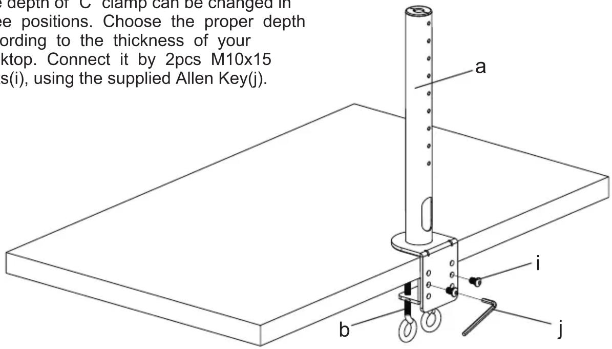 depth of C clamp can be changed in e positions. Choose the proper depth ording to the thickness of your ktop. Connect it by 2pcs M10x15 s(i), using the supplied Allen Key(j).
