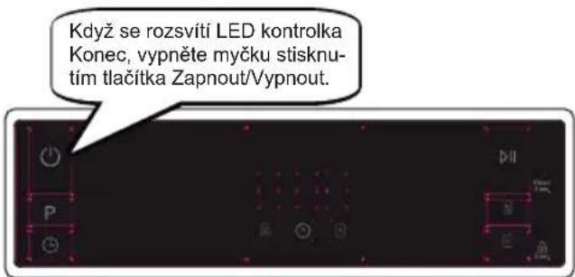 Když se rozsvití LED kontrolka Konec, vypněte myčku stisknutím tlačítka Zapnout/Vypnout.