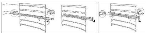 Technical diagram showing three sequential steps of a mechanical assembly or assembly process with labeled components and directional arrows.
