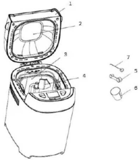 Technical diagram of a microwave oven with labeled parts, including open lid, internal compartments, and terminal connectors.