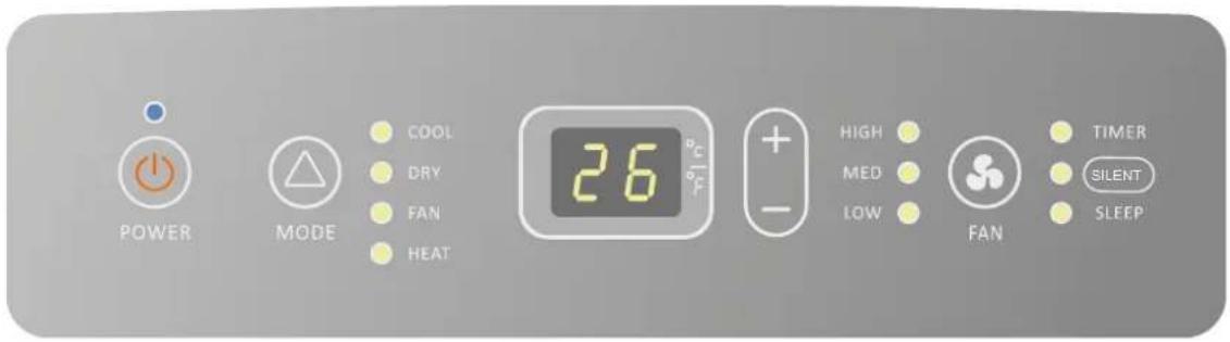 POWER MODE COOL DRY FAN HEAT 26°C + - HIGH MED LOW FAN TIMER SILENT SLEEP
