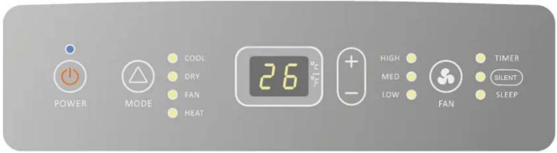 POWER MODE COOL DRY FAN HEAT 26 HIGH MED LOW FAN TIMER SILENT SLEEP