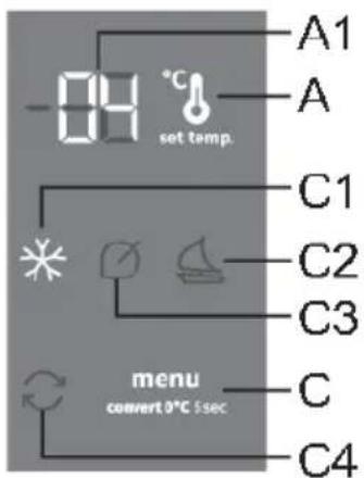 -09 °C set temp. A1 A C1 C2 C3 menu convert 0°C 5sec C C4