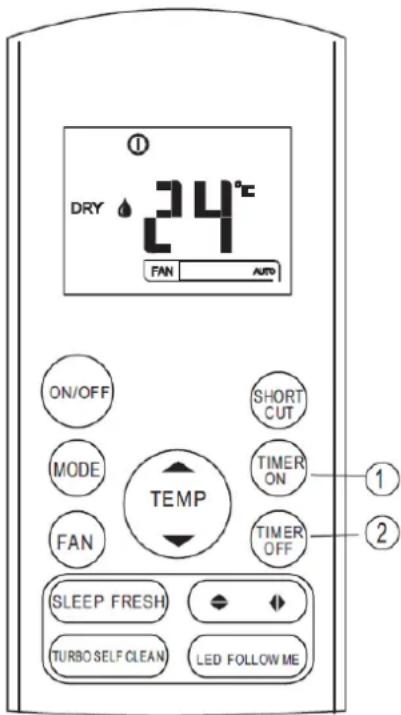 DRY 24°C FAN AUTO ON/OFF MODE FAN TEMP SHORT CUT TIMER ON TIMER OFF SLEEP FRESH TURBO SELF CLEAN LED FOLLOW ME ① ②