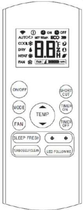 AUTO COOL DRY HEAT FAN ON/OFF MODE FAN ON/OFF SHORT CUT TEMP TIMER ON TIMER OFF SLEEP FRESH TURBOSEL/CLEAN LED FOLLOW ME