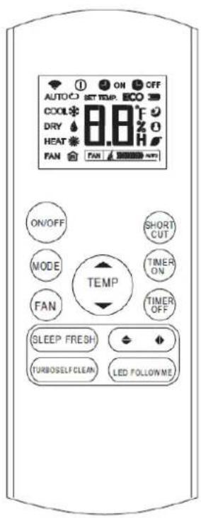 AUTO COOL DRY HEAT FAN ON SET TEMP. 8.8°F F 20 H F FAN SHORT CUT. ON/OFF MODE FAN TEMP TIMER ON TIMER OFF SLEEP FRESH TURBOSELF CLEAN LED FOLLOWME