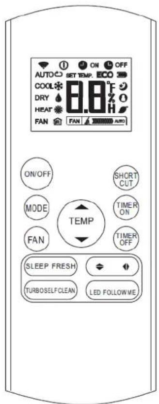 AUTO SET TEMP. ECO COOL 8.8°F DRY HEAT FAN FAN AUTO ON/OFF MODE FAN SHORT CUT TIMER ON TIMER OFF TEMP SLEEP FRESH TURBOSELFCLEAN LED FOLLOWME