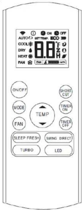 AUTO ON OFF SETTEMP. ECO COOL 8.8°F 20 DRY HEAT FAN PAN AUTO ON/OFF MODE FAN TEMP SHORT CUT TIMER ON TIMER OFF SLEEP FRESH SWING DIRECT TURBO LED