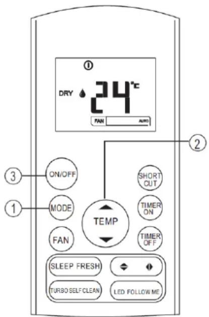 DRY 24°C FAN AUTO ON/OFF MODE FAN TEMP SHORT CUT TIMER ON TIMER OFF SLEEP FRESH TURBO SELF CLEAN LED FOLLOW ME