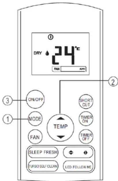 DRY 24°C FAN AUTO ON/OFF MODE FAN TEMP SHORT CUT TIMER ON TIMER OFF SLEEP FRESH TURBO SELF CLEAN LED FOLLOW ME