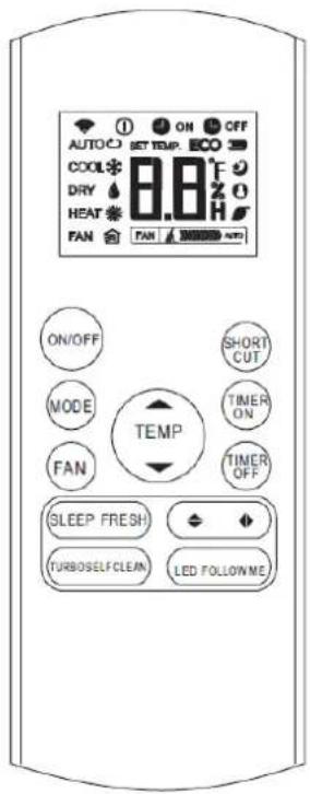AUTO COOL DRY HEAT FAN ON/OFF MODE FAN ON/OFF SHORT CUT TEMP TIMER ON TIMER OFF SLEEP FRESH TURBOSELFCLEAN LED FOLLOWME